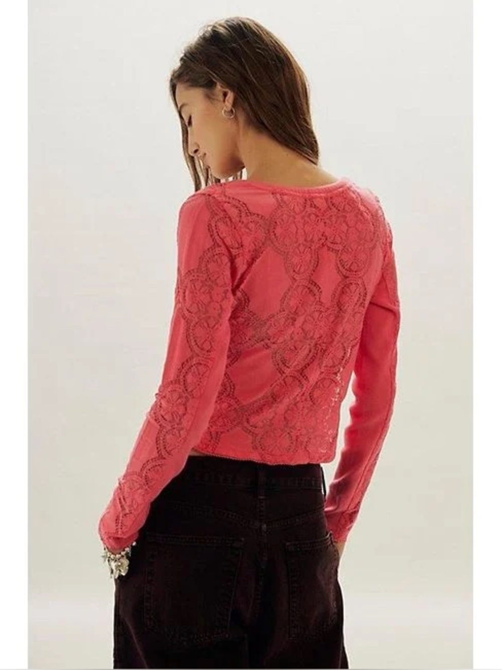 NEW Free People Coral Button-Front Lace Trim Long-Sleeve Top - Picture 3 of 4